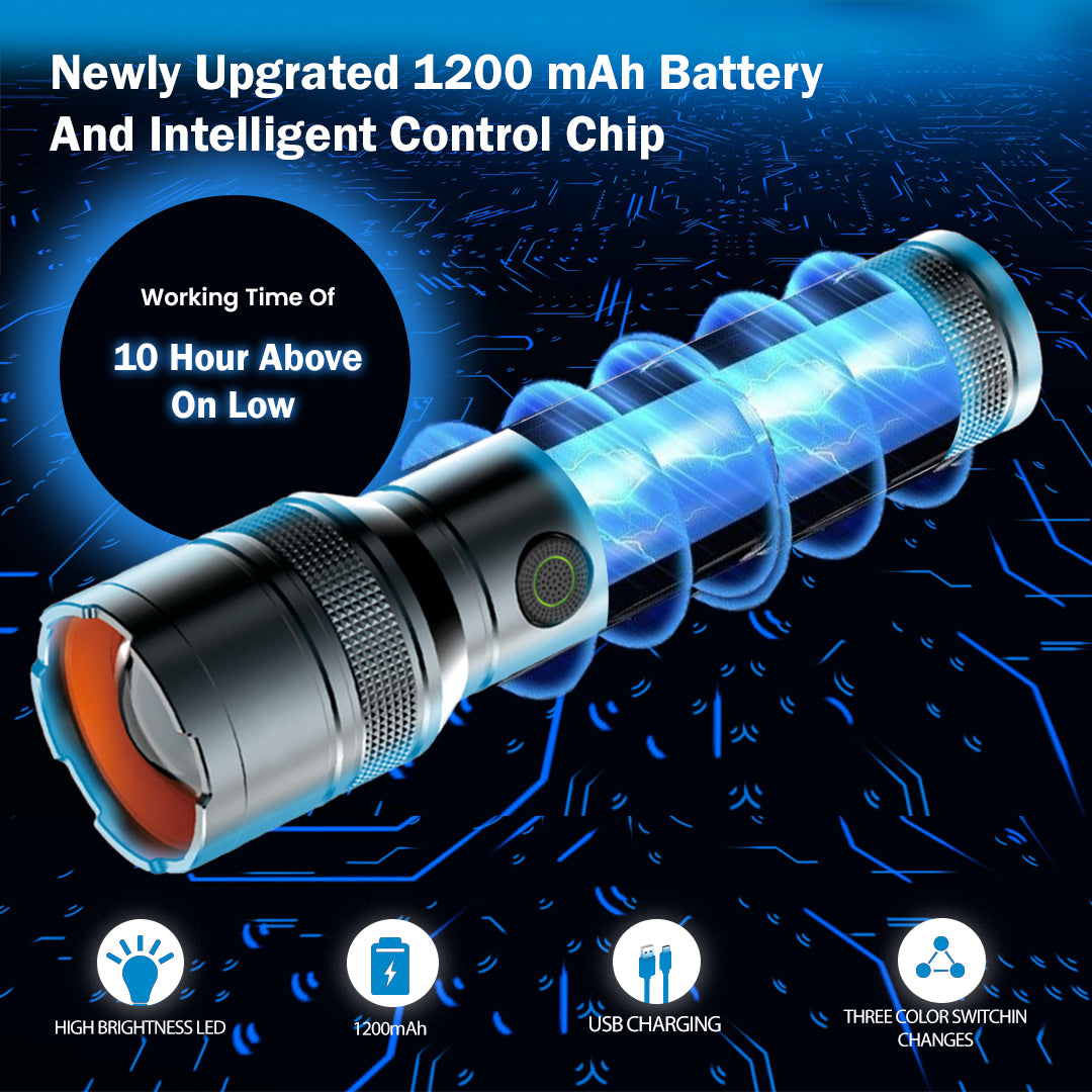 Pick Ur Needs Rechargeable Metal Body Torch Zoomable Head 1200 mAh Battery 3 Color Mode Lights 5 hrs Torch Emergency Light