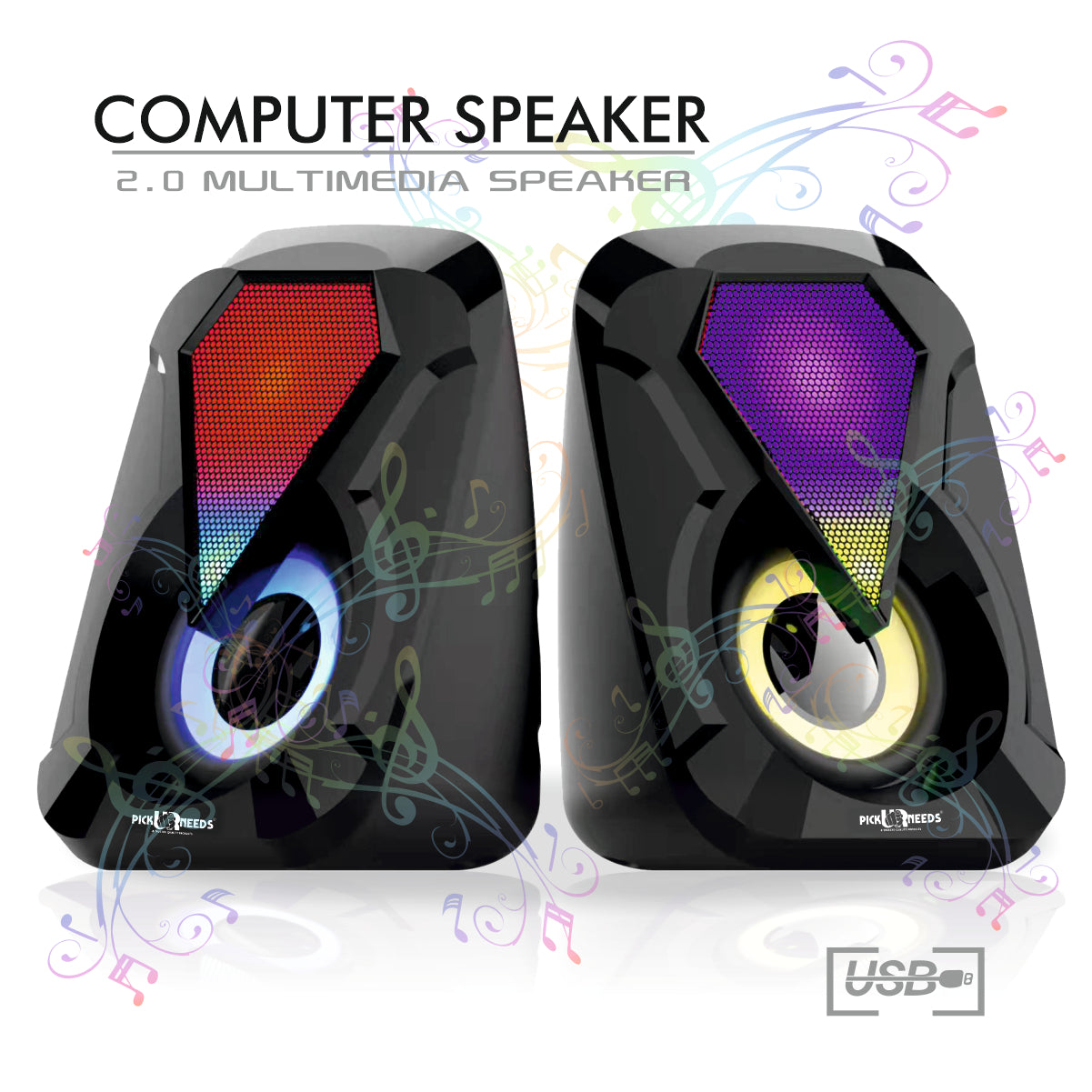 Pick Ur Needs Computer Speaker Multimedia Sound Bass Speakers with Colourful LED Modes System for PC Laptop