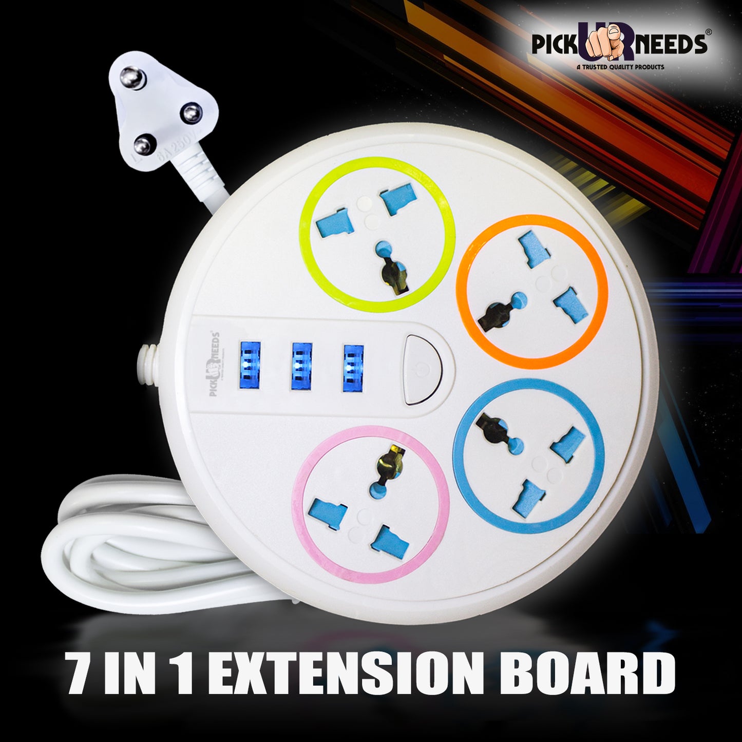 Pick Ur Needs Extension Cord Board with 3 USB Charging Ports and 4 Socket -10 Amp Heavy Duty for Multiple Devices Smartphone Tablet Laptop