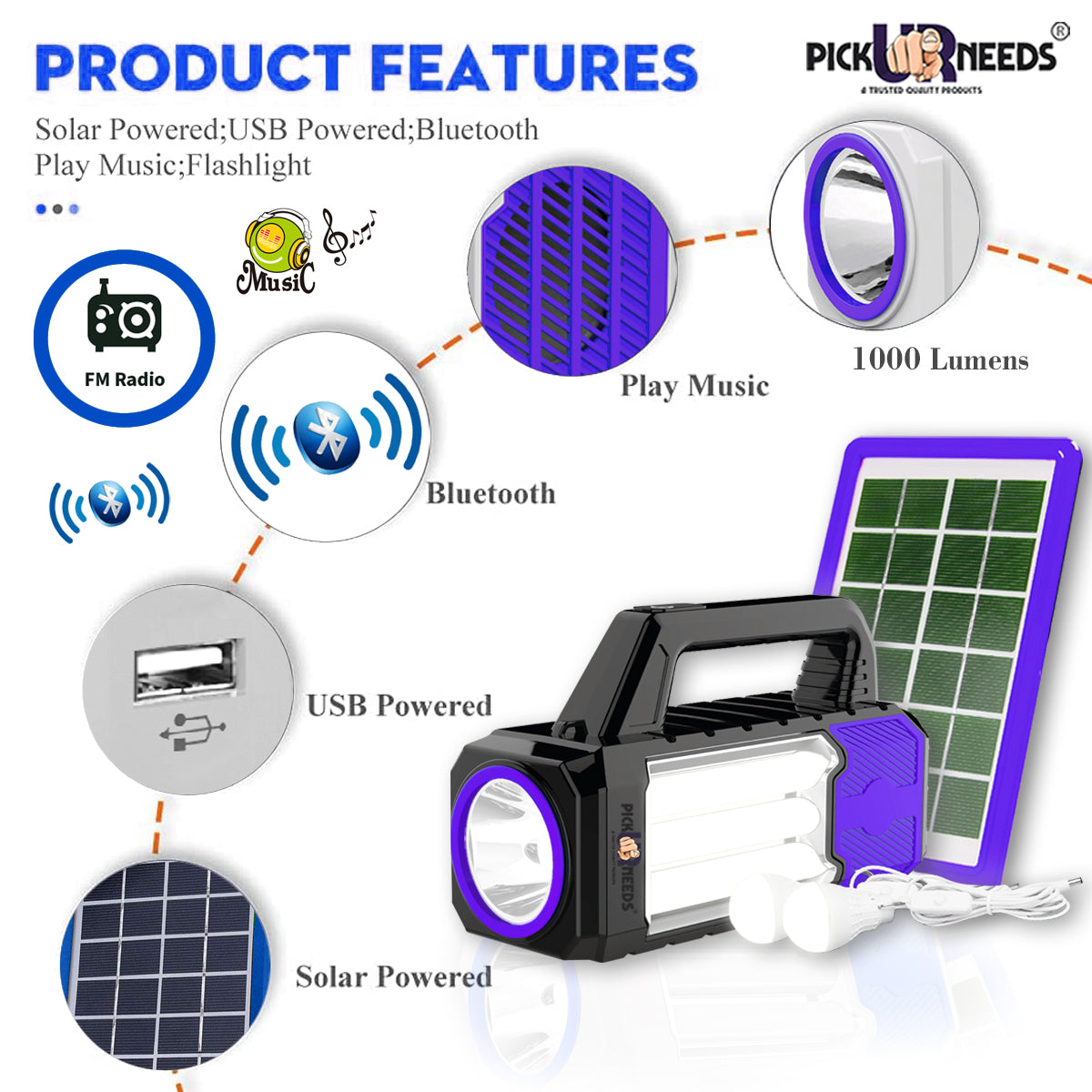 Pick Ur Needs Portable Multifunctional Solar Led Lighting 100W Tube & Music System Generator Power Bank Outlet Camping Emergency