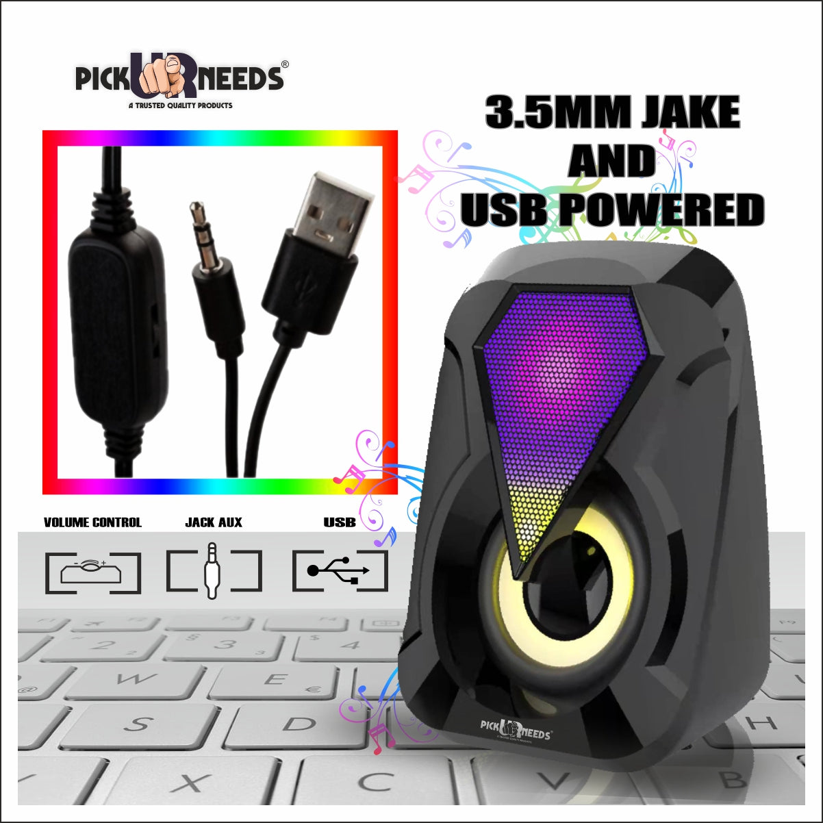 Pick Ur Needs Computer Speaker Multimedia Sound Bass Speakers with Colourful LED Modes System for PC Laptop