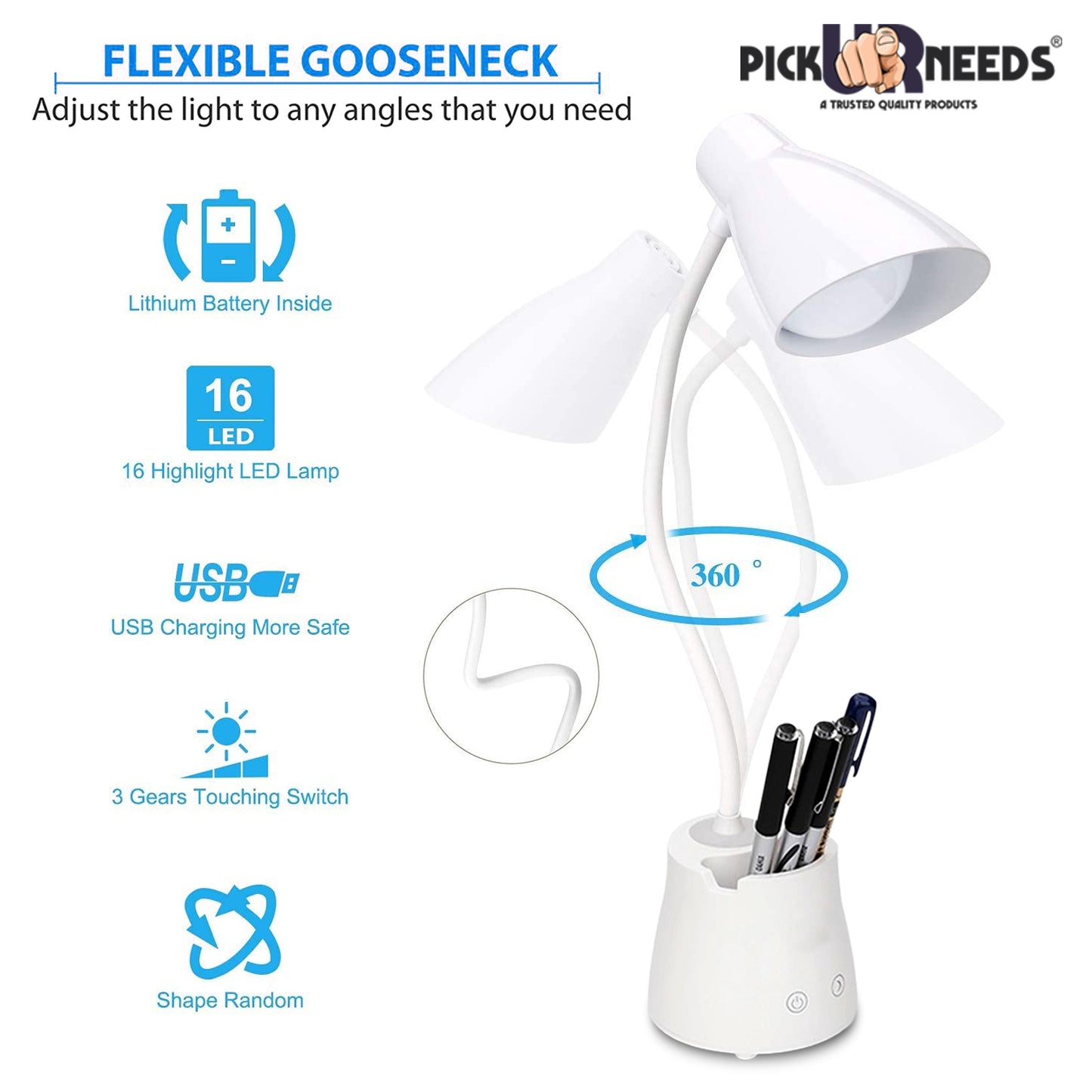 Pick Ur Needs Rechargeable Led Desk Lamp, Touch Control & Eye-Caring Smart Lamp With USB Charging