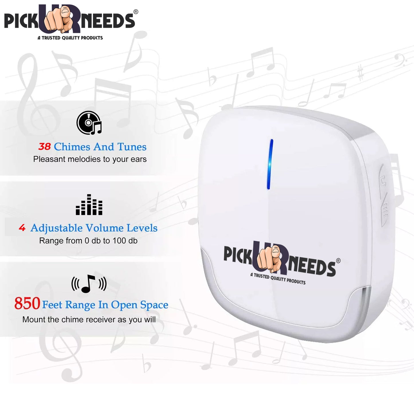 Pick Ur Needs Long Range Wireless Doorbell Easy Adjustable Ringtones with 300m Range, 36 Tunes, Led Indicator, 4 Volume Levels