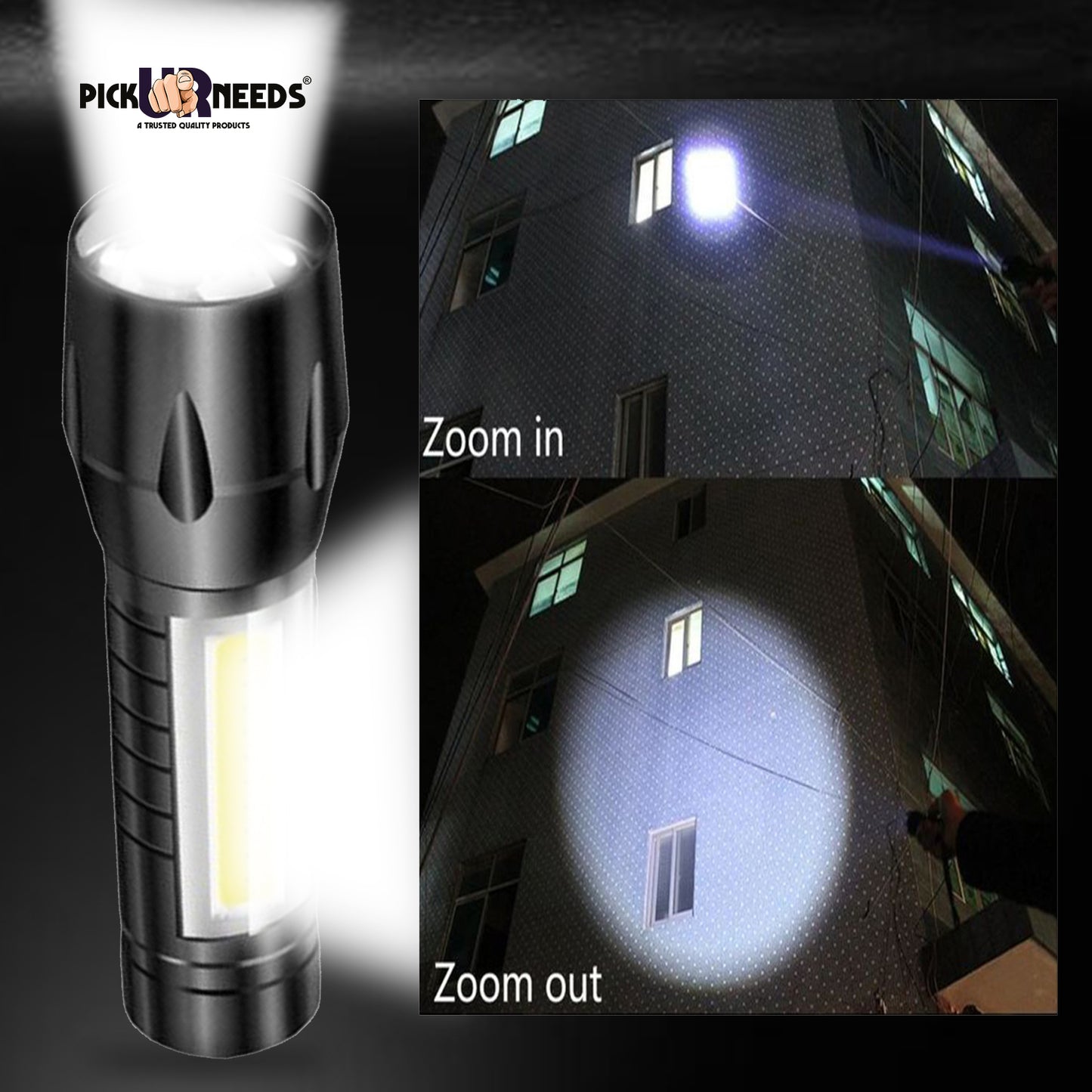 Pick Ur Needs Rechargeable 9W LED Zoomable 3 Modes Long Range Search Emergency Torch Light