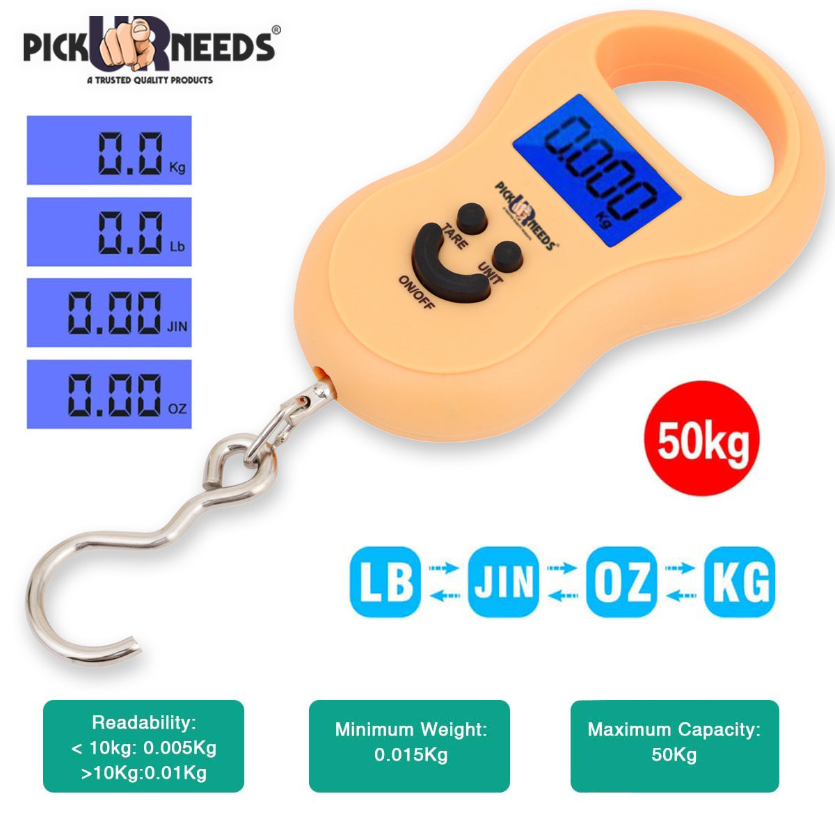 Pick Ur Needs® Weighing Fishing Scale with LCD Display, 50kg Digital Electronic Hanging Hook Scale with 2AAA Batteries