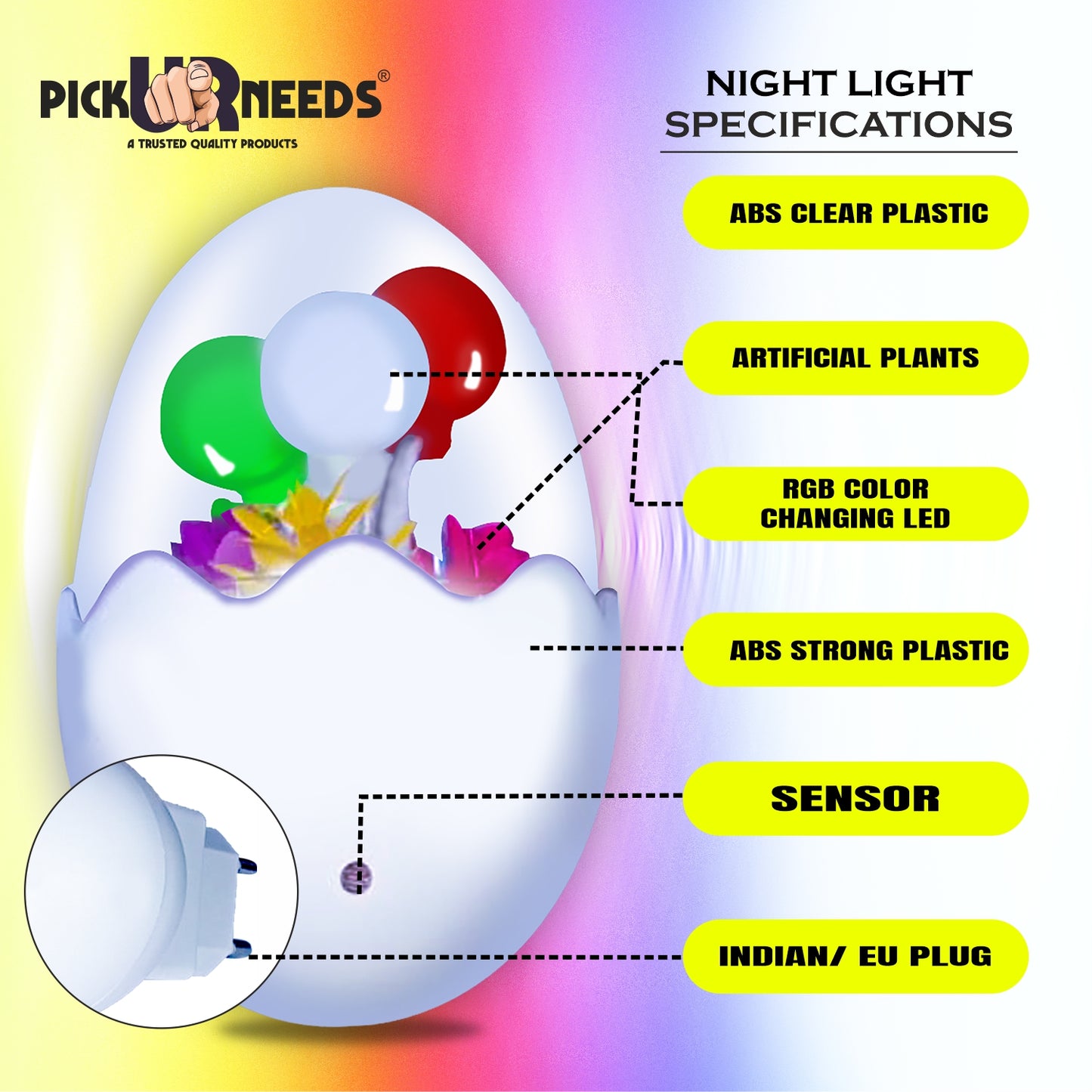 Pick Ur Needs Sensor LED Auto On/Off Colour Changing Night Light Oval Shape Lamp Plug-in