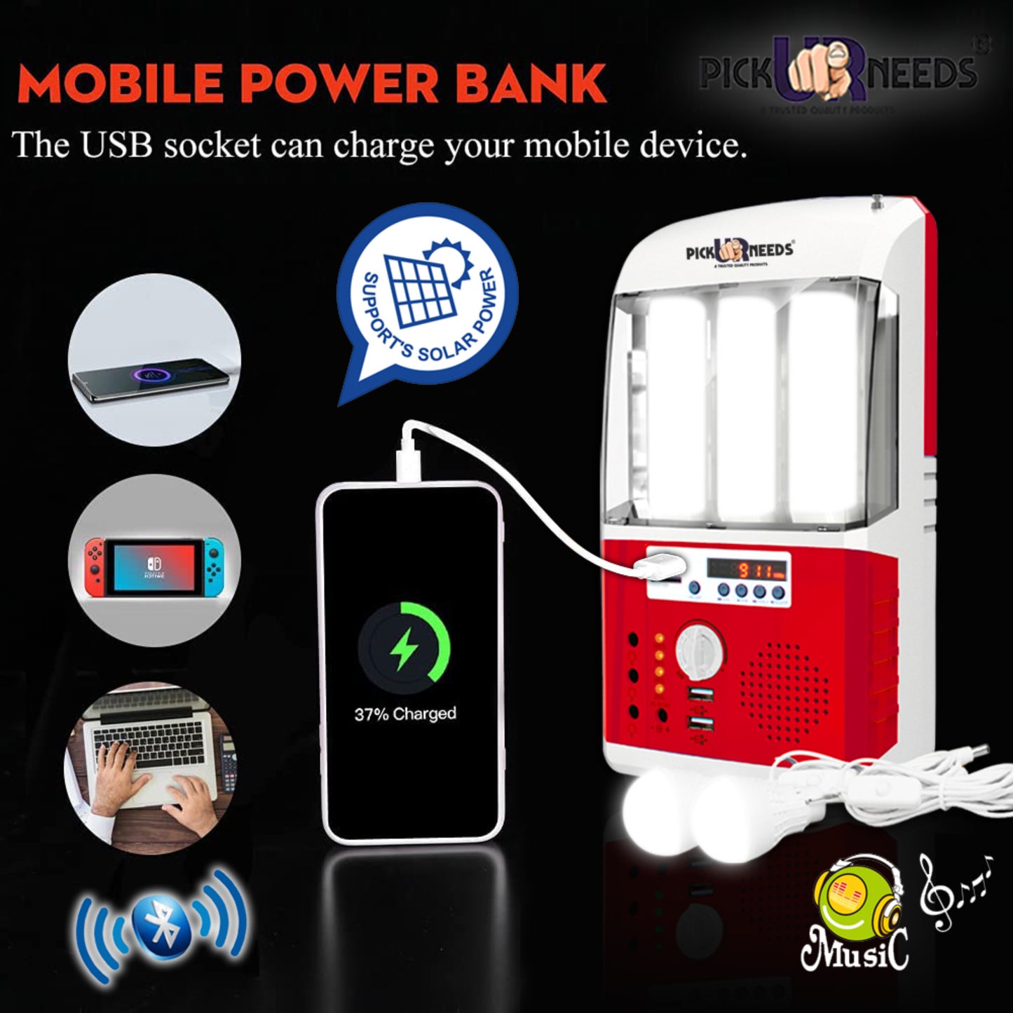 Pick Ur Needs Rechargeable & Portable Emergency Inverter with Radio Music Function Solar Lighting System for Home