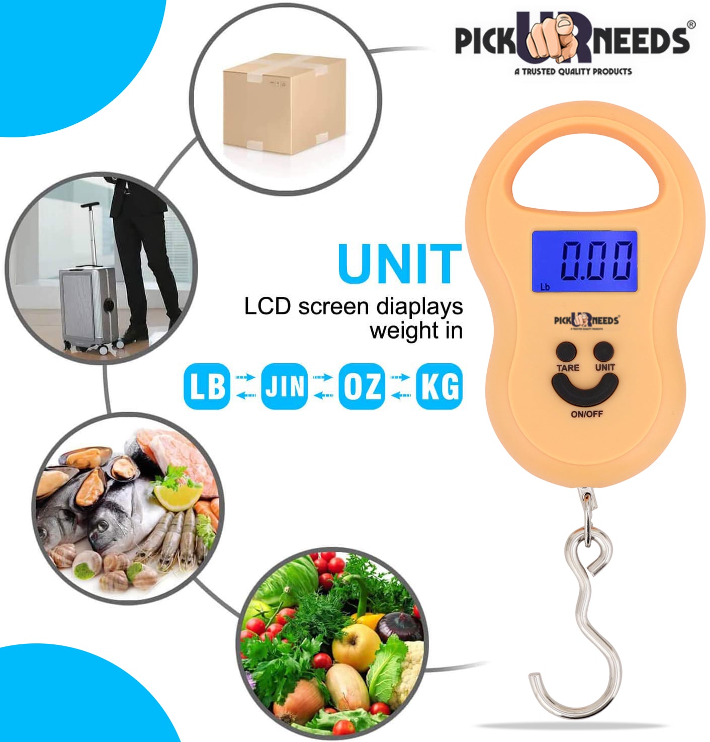 Pick Ur Needs® Weighing Fishing Scale with LCD Display, 50kg Digital Electronic Hanging Hook Scale with 2AAA Batteries