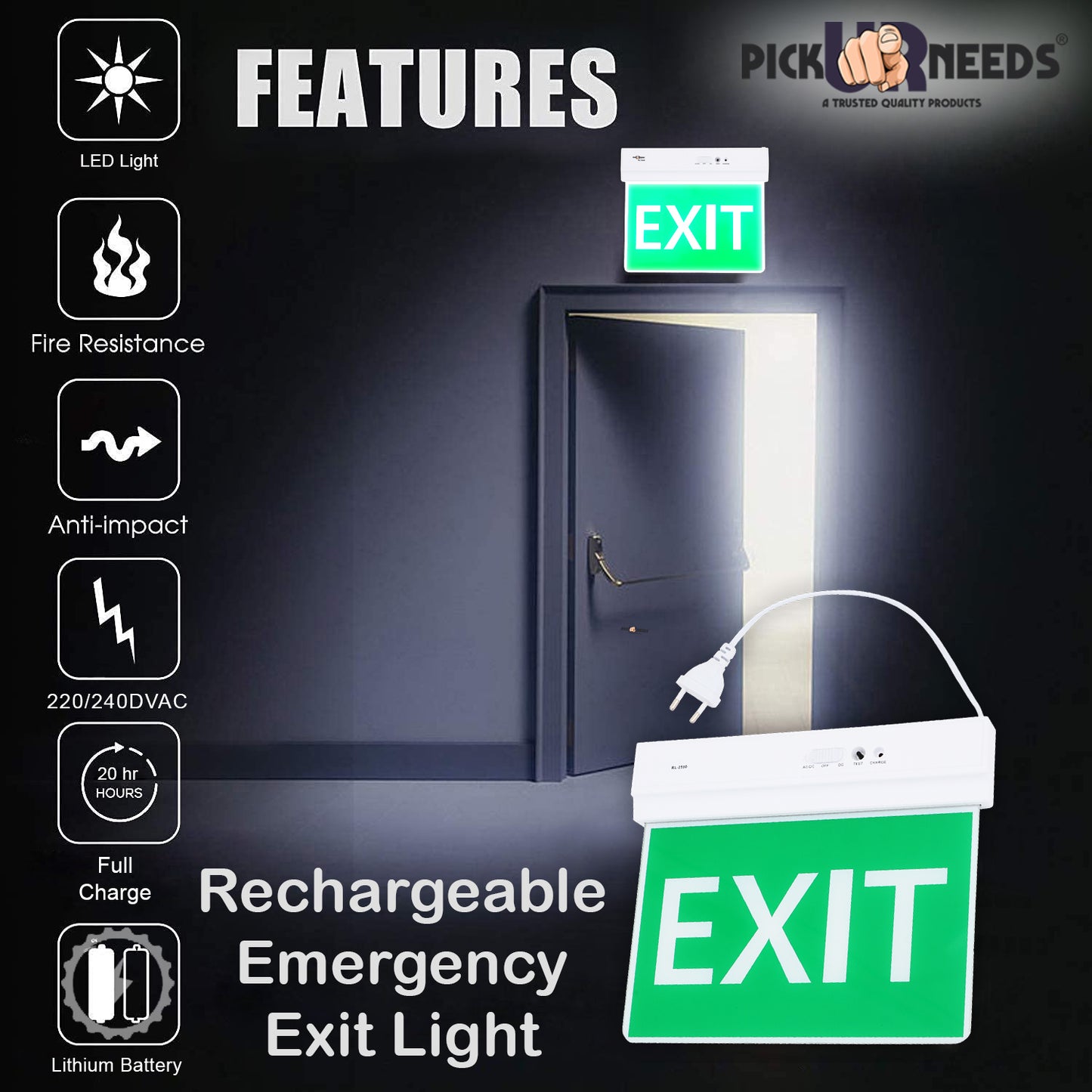 Pick Ur Needs Rechargeable Ceiling Mount Emergency LED Exit Indicate Light Sign With Lithium Battery
