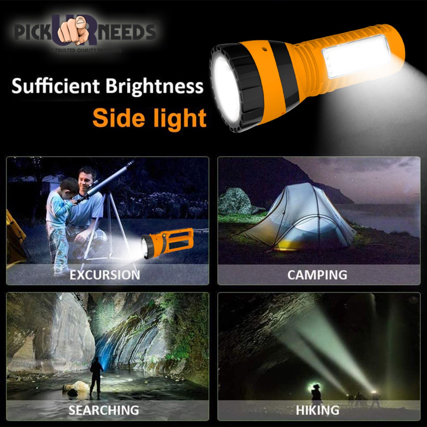 Pick Ur Needs Solar Rechargeable Emergency Long Range Search Torch Light 75 Watts + 24 SMD