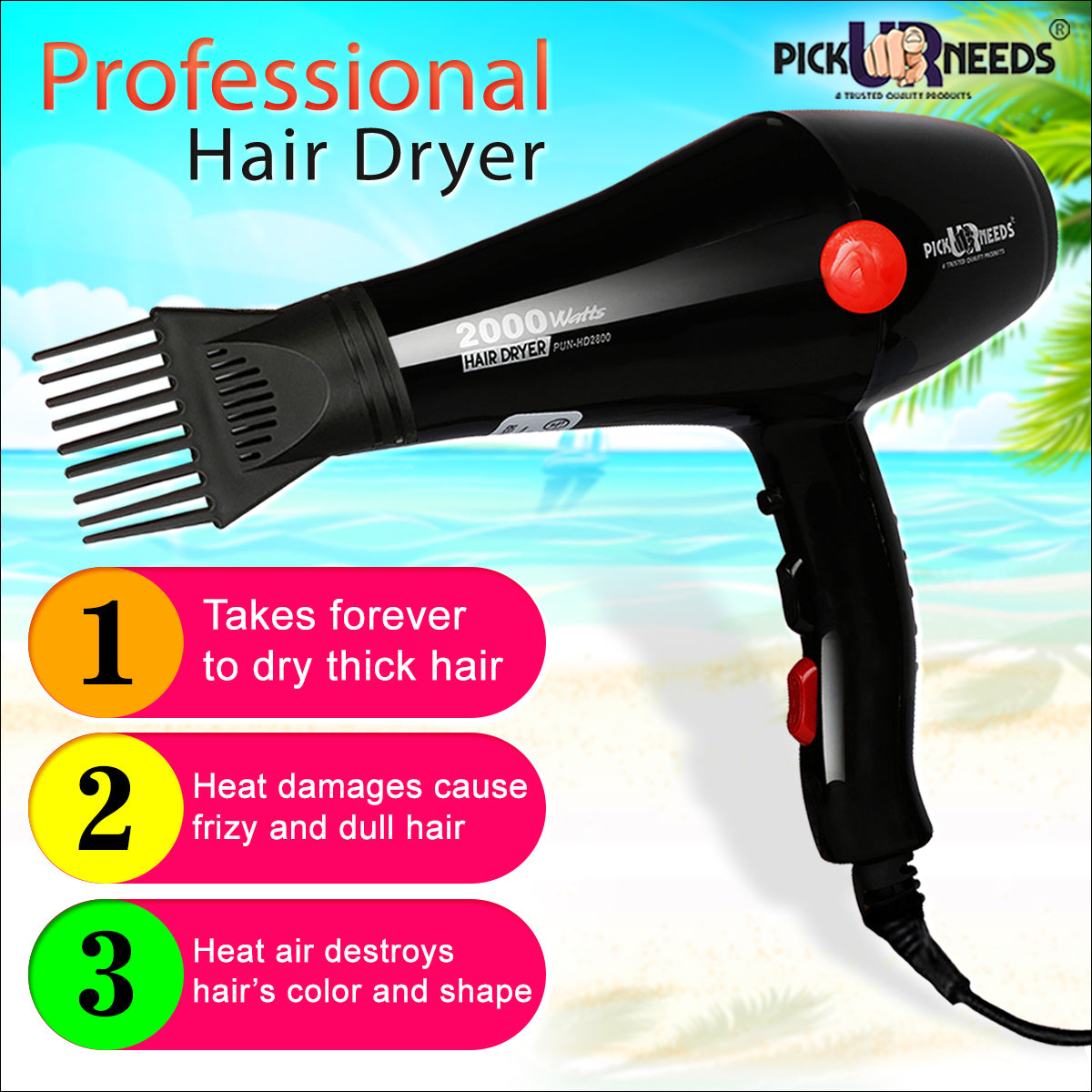 Pick Ur Needs Professional Stylish Salon Grade Hair Dryer With Comb Reducer For Men & Women