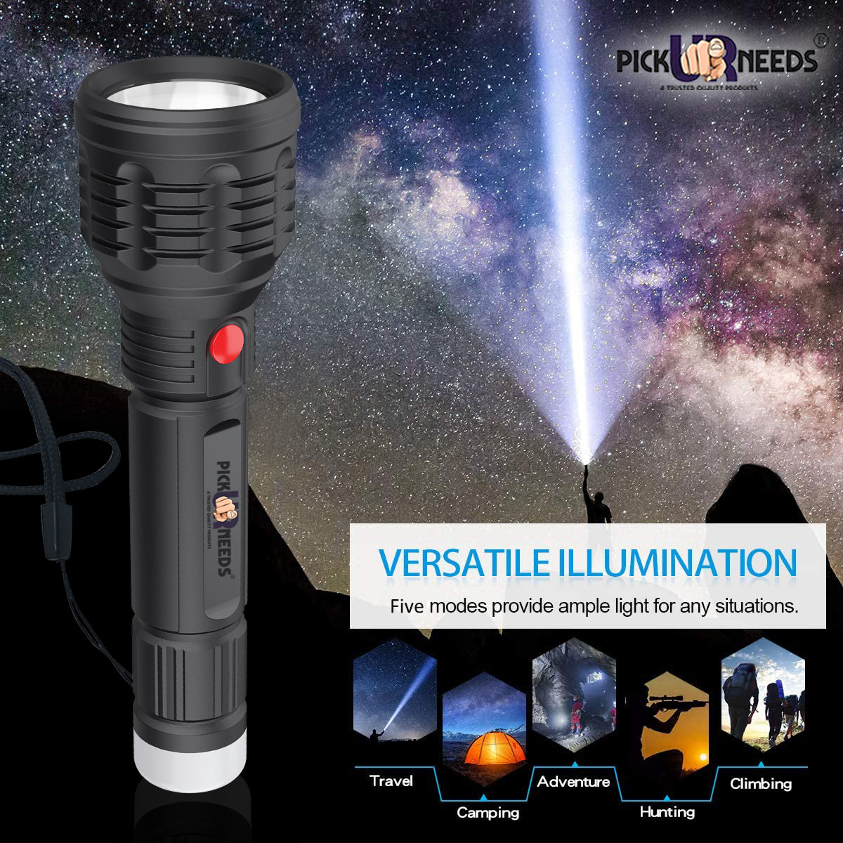 Pick Ur Needs LED Flashlight Torch Lamp Ultra Bright Rechargeable Lithium Battery with Back Light