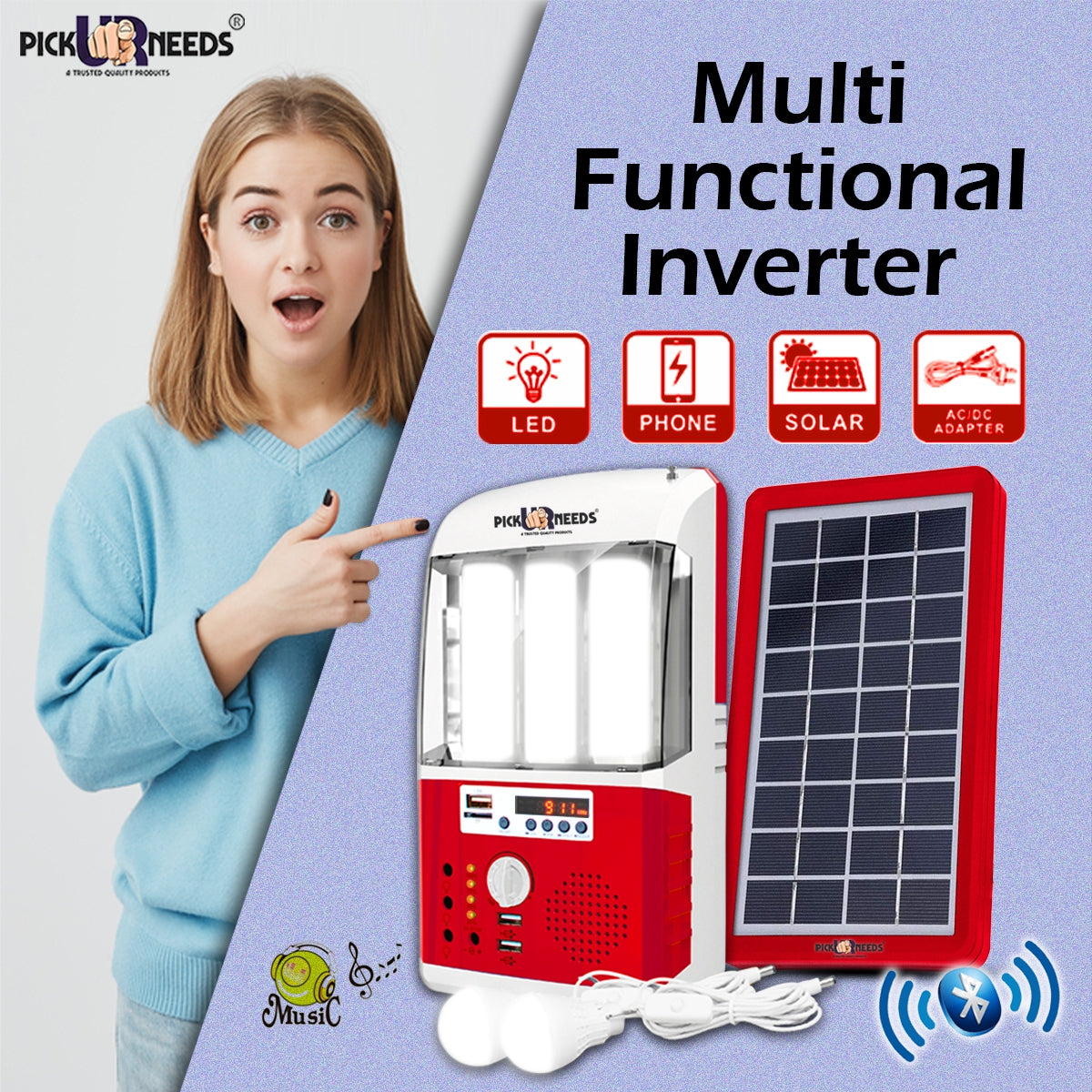 Pick Ur Needs Rechargeable & Portable Emergency Inverter with Radio Music Function Solar Lighting System for Home