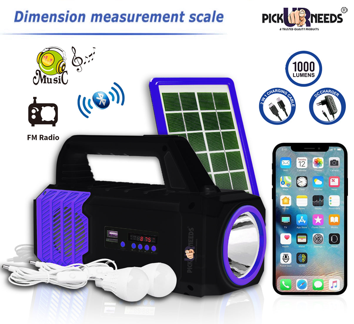 Pick Ur Needs Portable Multifunctional Solar Led Lighting 100W Tube & Music System Generator Power Bank Outlet Camping Emergency