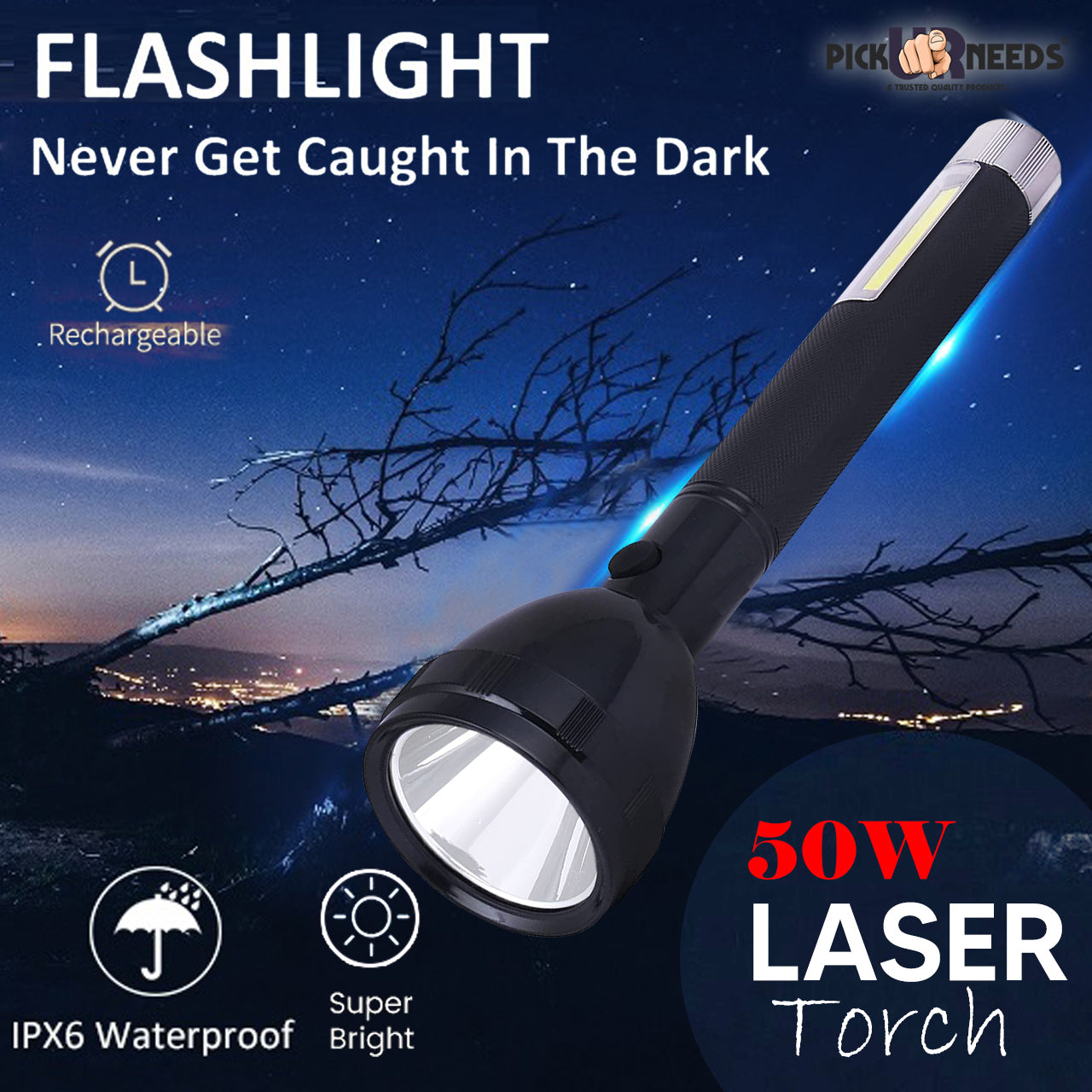 Pick Ur Needs Lithium Battery Long Range Led torch Light Rechargeable with 2000mAh Battery Torch  (Black, 27 cm, Rechargeable)