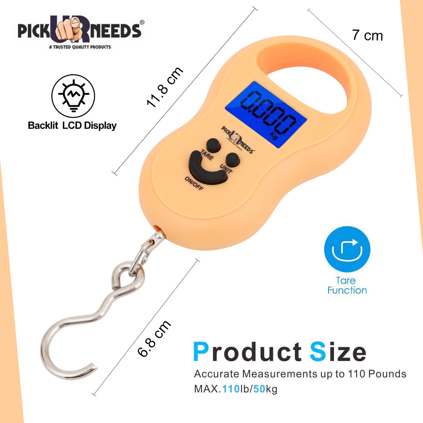 Pick Ur Needs® Weighing Fishing Scale with LCD Display, 50kg Digital Electronic Hanging Hook Scale with 2AAA Batteries