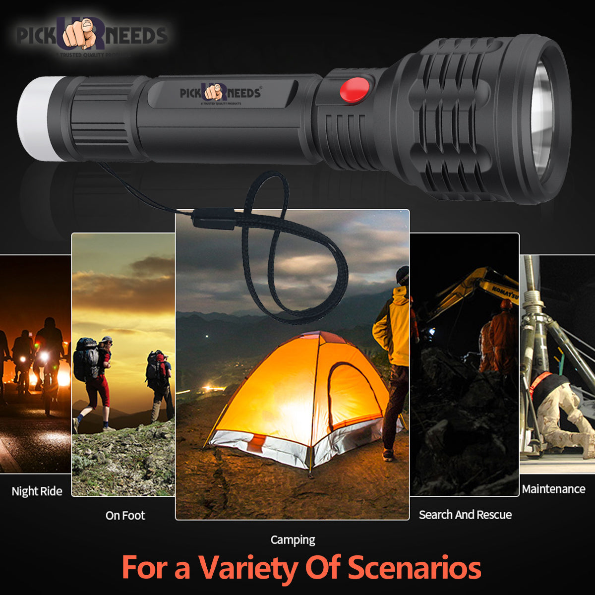 Pick Ur Needs LED Flashlight Torch Lamp Ultra Bright Rechargeable Lithium Battery with Back Light
