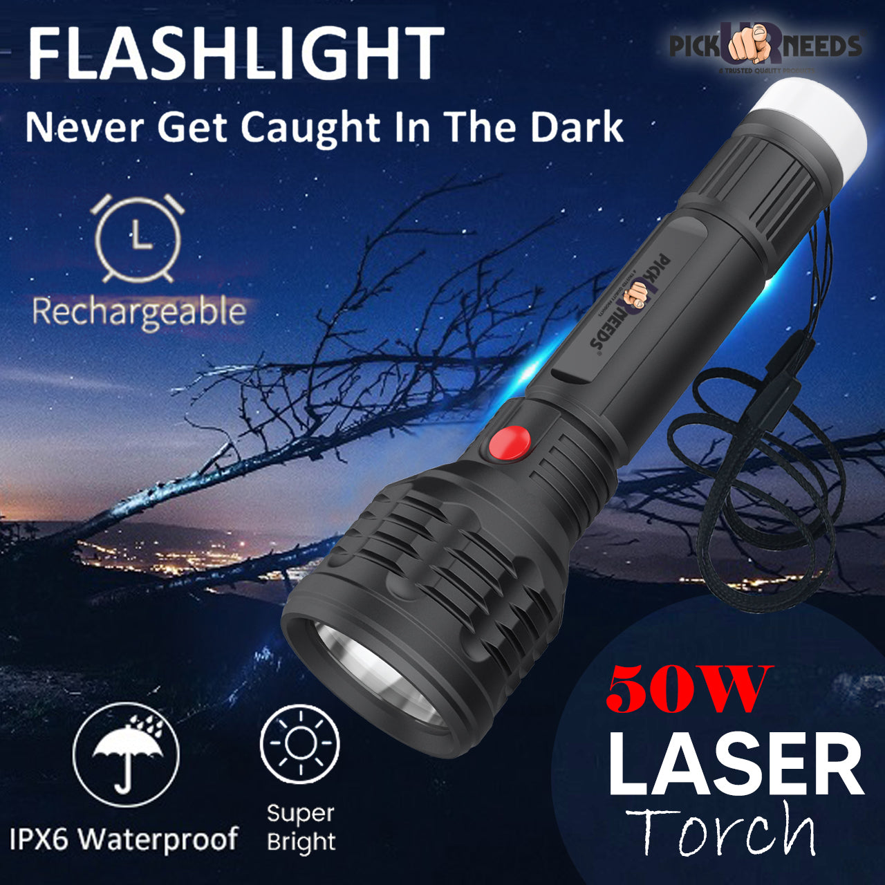 Pick Ur Needs LED Flashlight Torch Lamp Ultra Bright Rechargeable Lithium Battery with Back Light