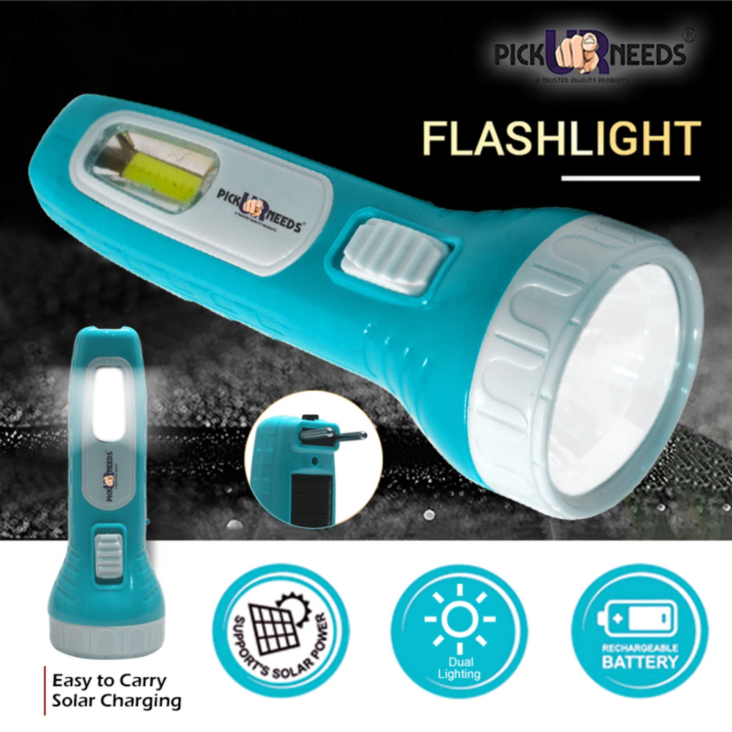 Pick Ur Needs Mini Solar Rechargeable Flashlight Two-Pin Plug LED Torch with Front and Side Light