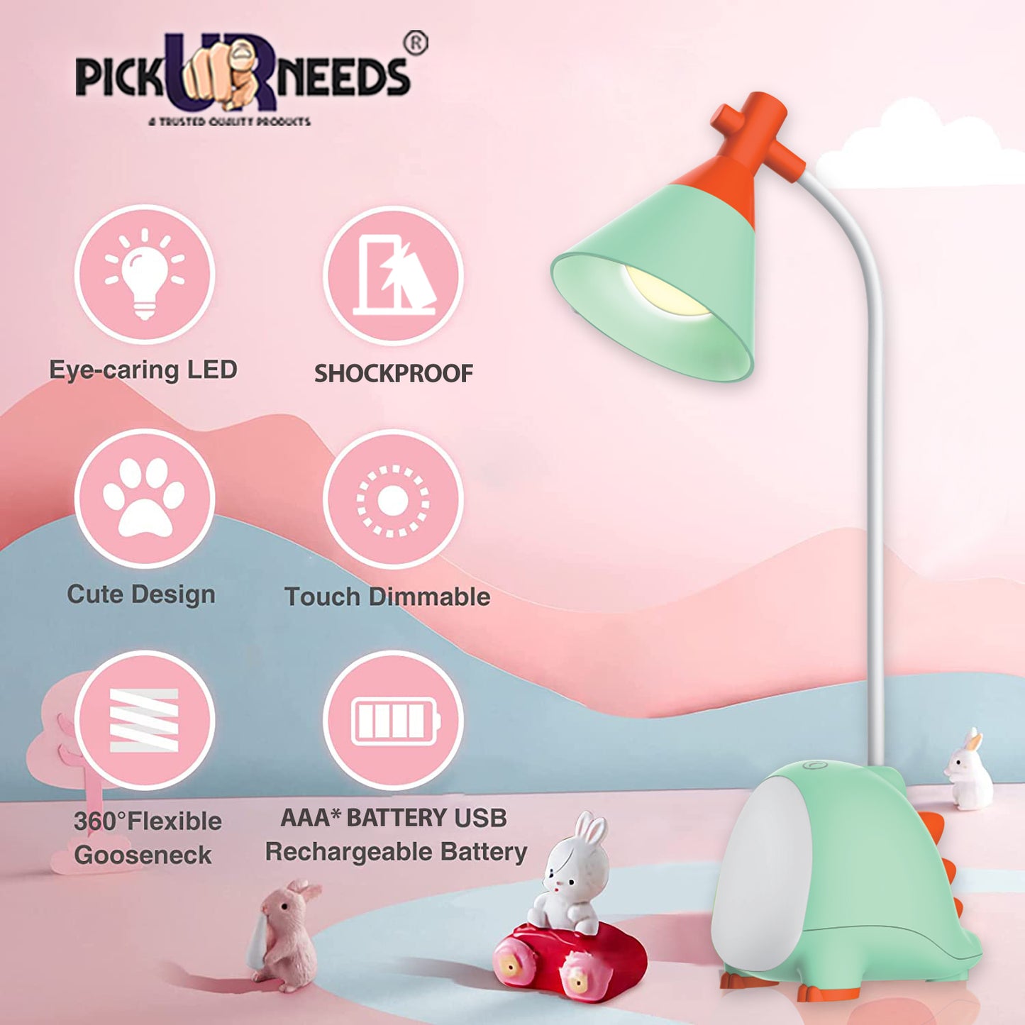 Pick Ur Needs Rechargeable LED Desk Lamp, Touch Dimmer Dinosaur Study Table Lamp with USB Charging