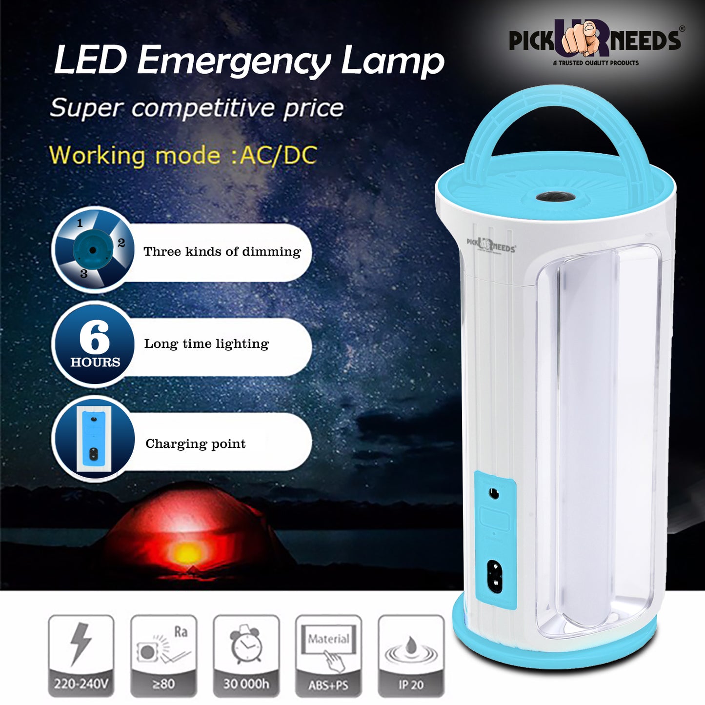 Pick Ur Needs Rechargeable 90W Home Emergency Light 3 Side Tube Floor Lantern Lamp with Hanging Handle