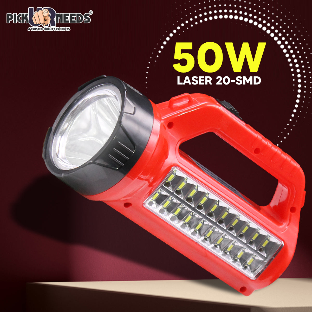 Pick Ur Needs® Bright LED Rechargeable Flashlight 50W + 20 SMD Side Handheld with Eco Friendly Solar Panel (3W+9V)