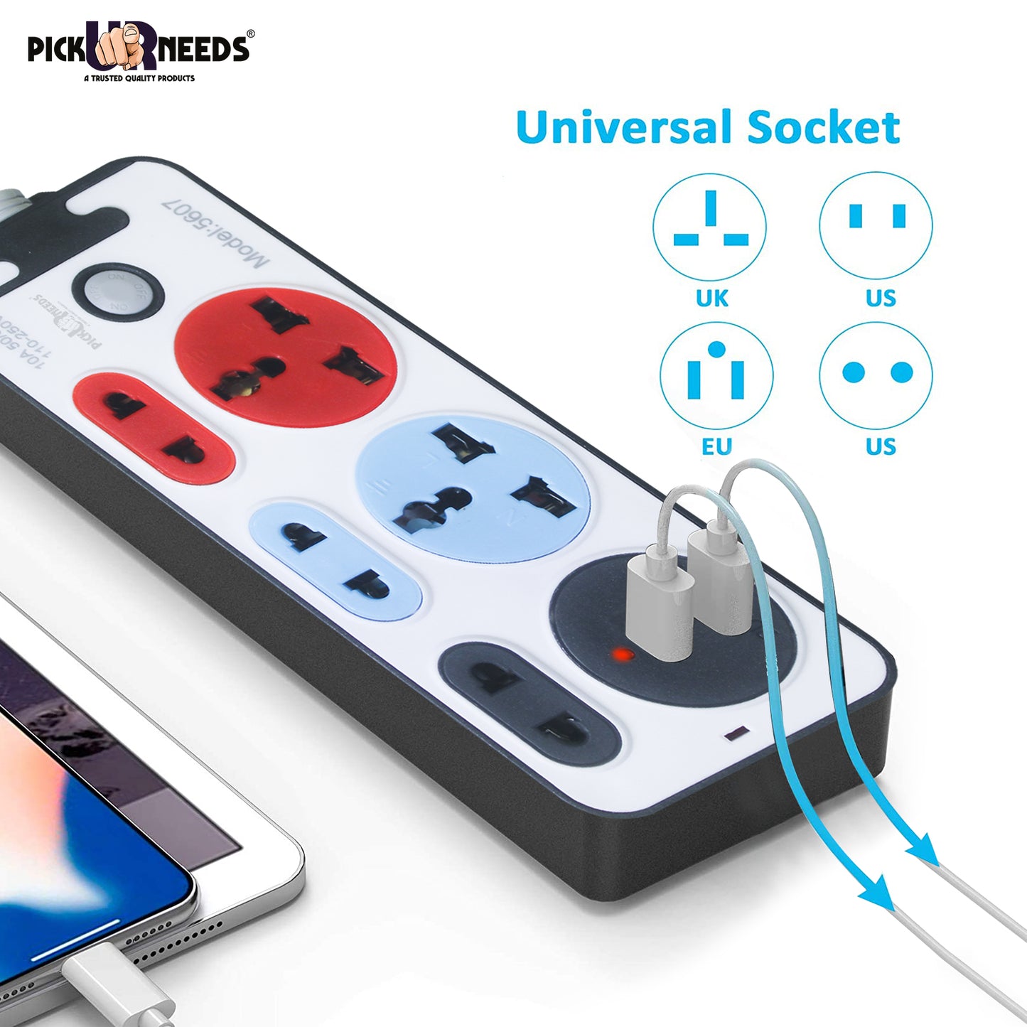 Pick Ur Needs Extension Cord 10A Dual USB Charger with Universal 2 Pin & 3 Pin Extension Boards