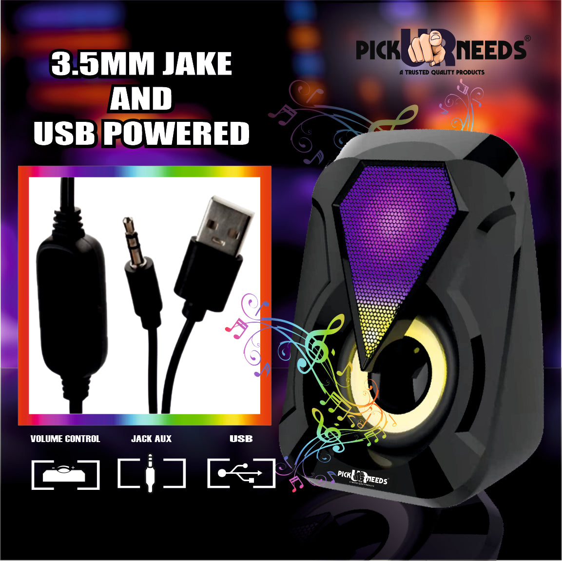 Pick Ur Needs Computer Speaker Multimedia Sound Bass Speakers with Colourful LED Modes System for PC Laptop