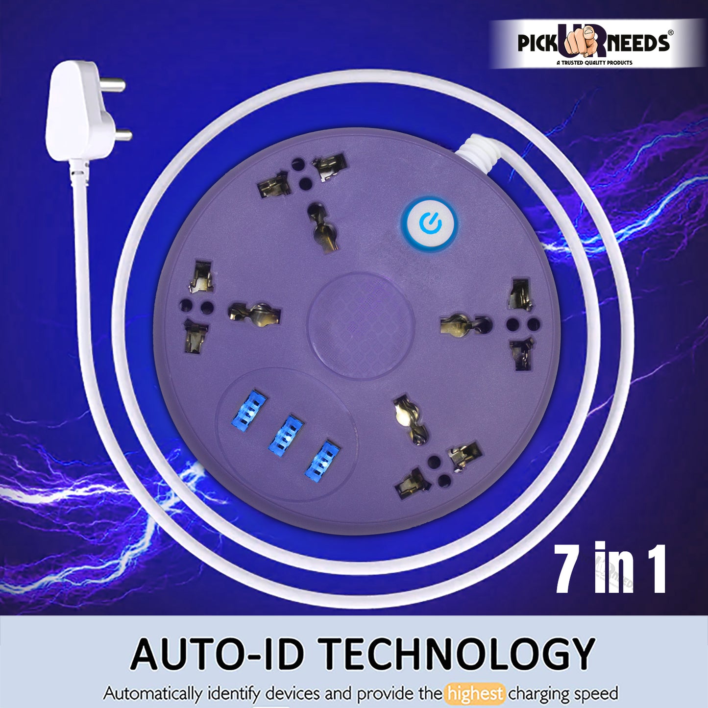 Pick Ur Needs Extension Cord Board with 3 USB Charging Ports and 4 Socket -10 Amp Heavy Duty for Multiple Devices Smartphone Tablet Laptop