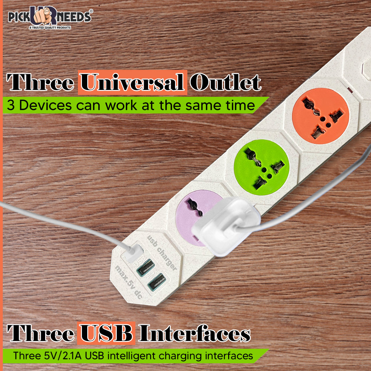 Pick Ur Needs 10A 3 -Way Extension Board Socket with 3 USB Socket 3 Socket Extension Boards