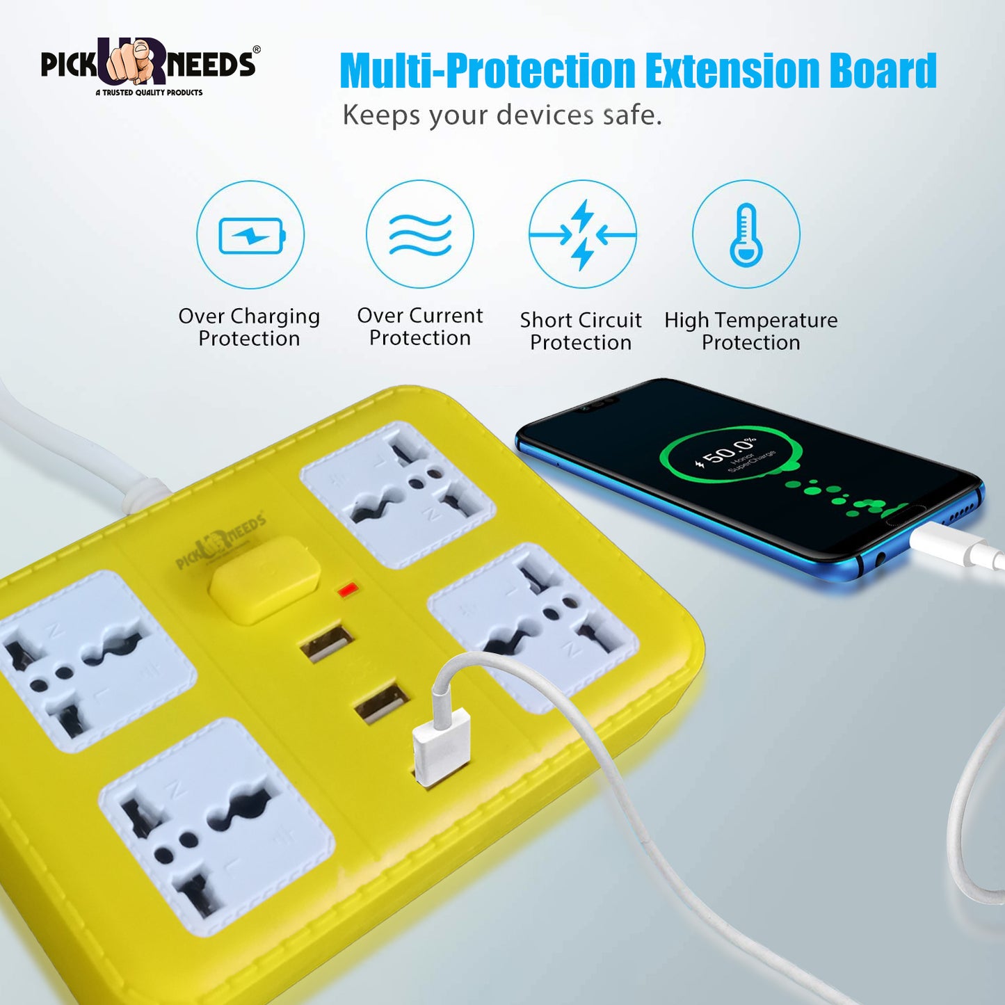 Pick Ur Needs Extension Cord Board with 3 USB Charging Ports and 4 Socket -10 Amp Heavy Duty for Multiple Devices Smartphone Tablet Laptop