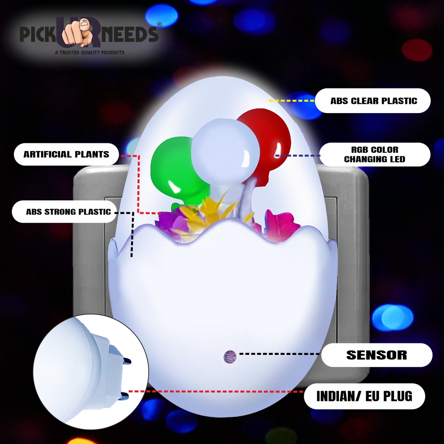 Pick Ur Needs Sensor LED Auto On/Off Colour Changing Night Light Oval Shape Lamp Plug-in