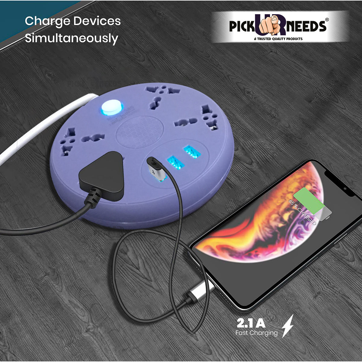 Pick Ur Needs Extension Cord Board with 3 USB Charging Ports and 4 Socket -10 Amp Heavy Duty for Multiple Devices Smartphone Tablet Laptop