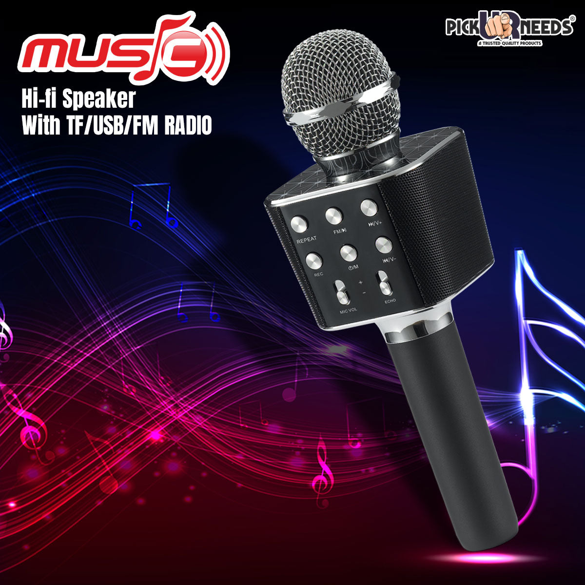 Pick Ur Needs Karaoke Mic with Led Light Wireless Bluetooth Microphone Connection Player Speaker 2-in1 with Recording + USB+FM