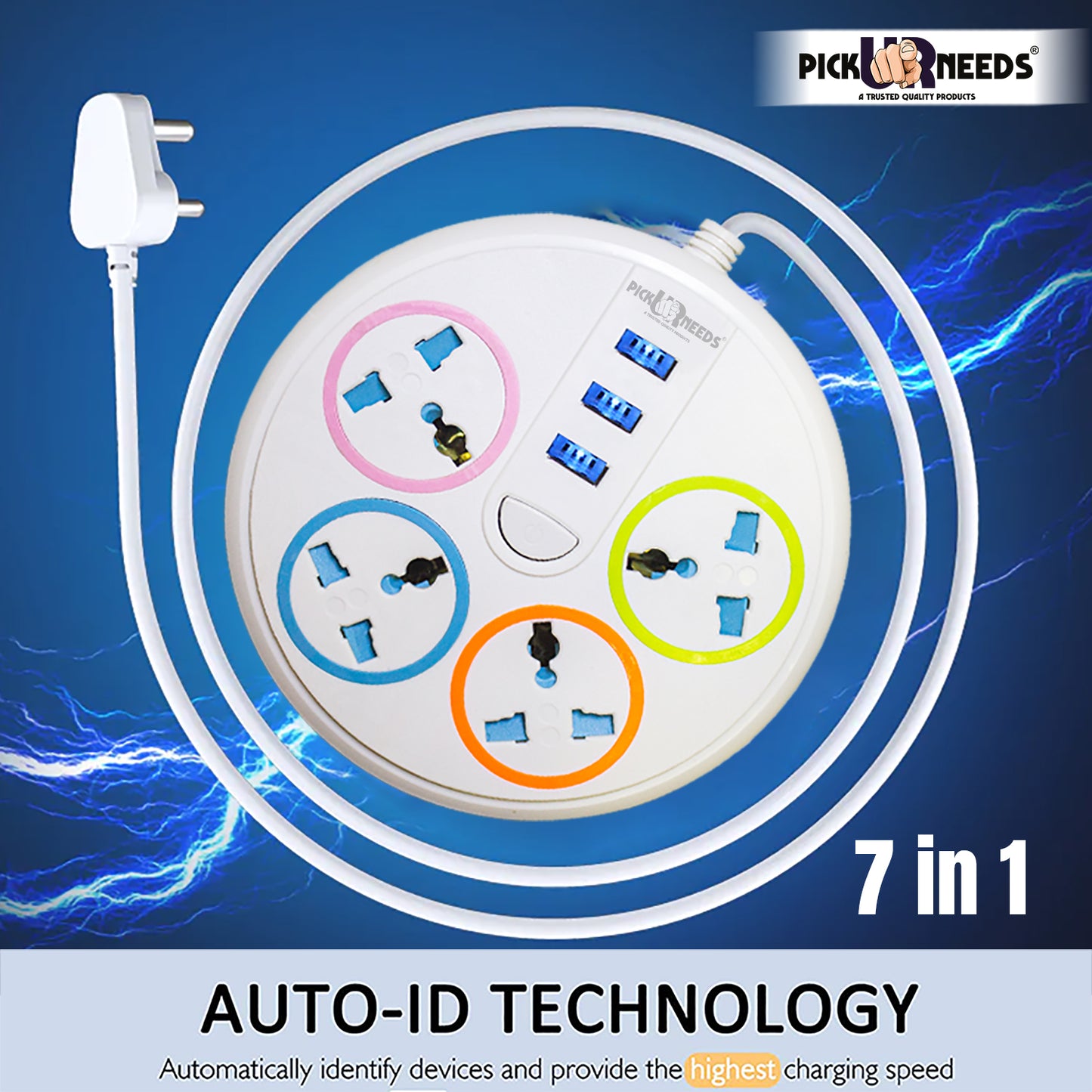 Pick Ur Needs Extension Cord Board with 3 USB Charging Ports and 4 Socket -10 Amp Heavy Duty for Multiple Devices Smartphone Tablet Laptop