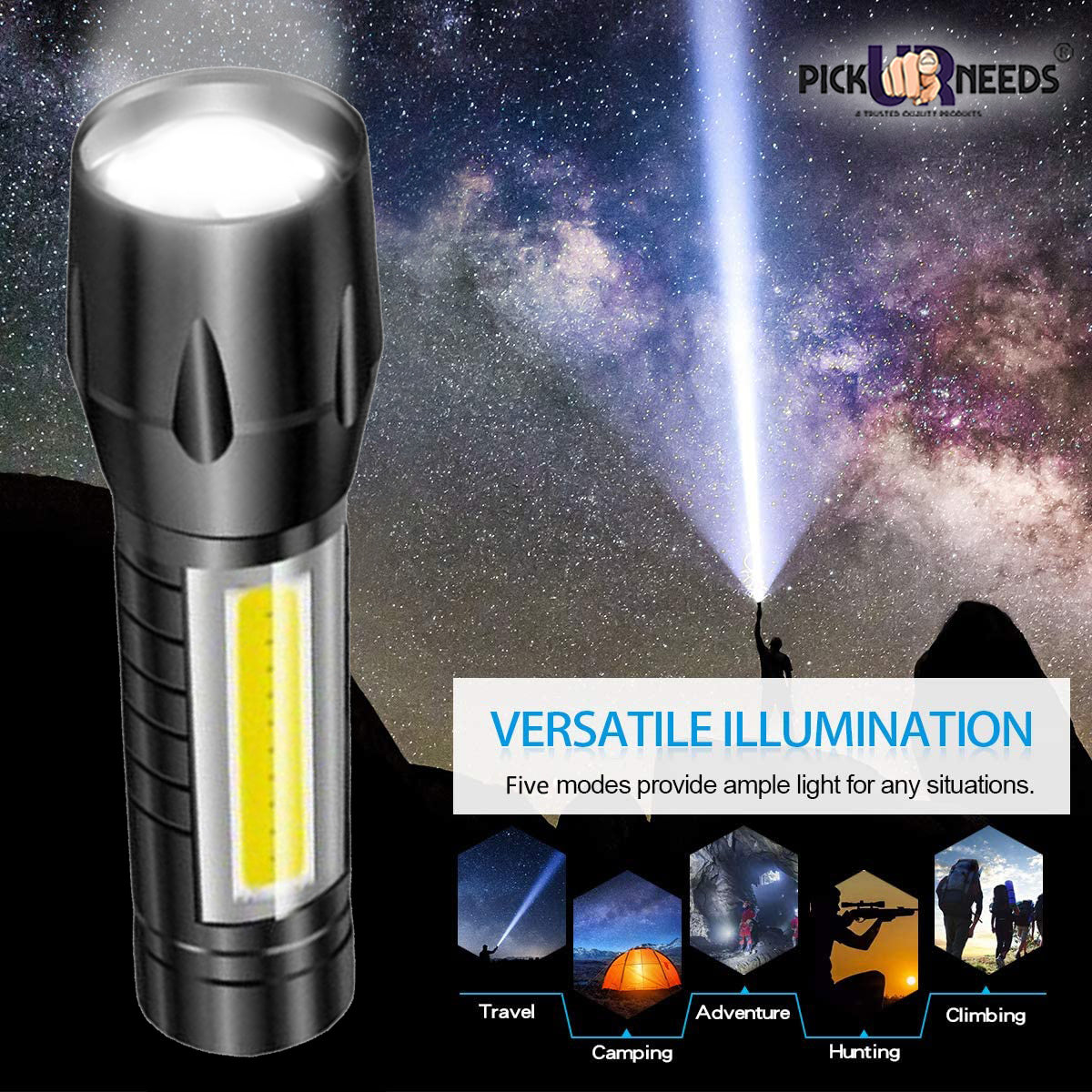 Pick Ur Needs Rechargeable 9W LED Zoomable 3 Modes Long Range Search Emergency Torch Light