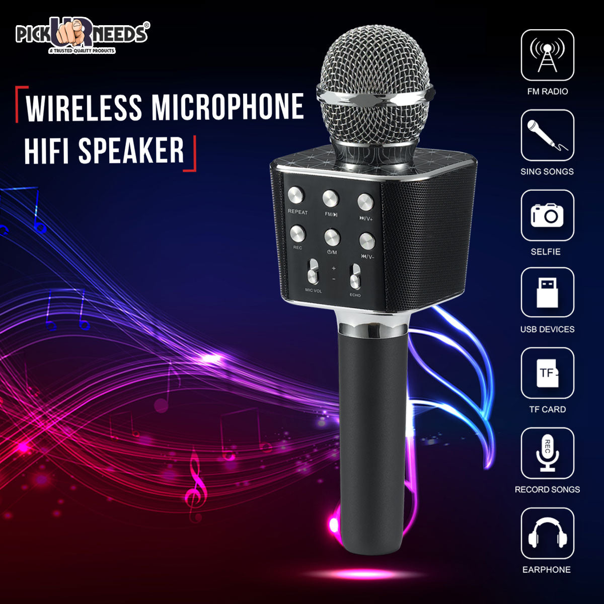 Pick Ur Needs Karaoke Mic with Led Light Wireless Bluetooth Microphone Connection Player Speaker 2-in1 with Recording + USB+FM