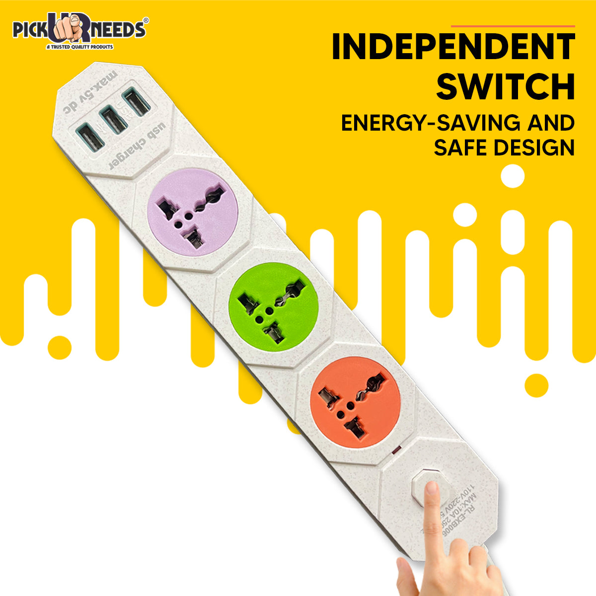 Pick Ur Needs 10A 3 -Way Extension Board Socket with 3 USB Socket 3 Socket Extension Boards