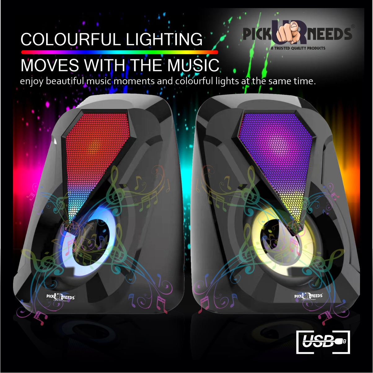 Pick Ur Needs Computer Speaker Multimedia Sound Bass Speakers with Colourful LED Modes System for PC Laptop