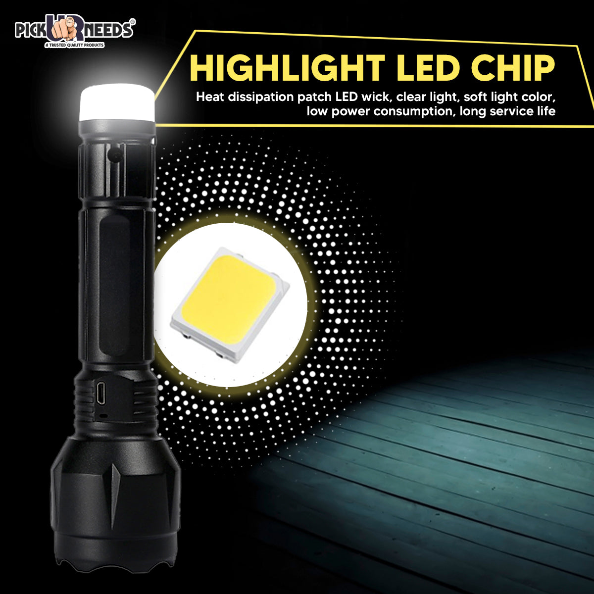 Pick Ur Needs Dual Mode 20W Power Full LED Rechargeable Torch With Small Back Light