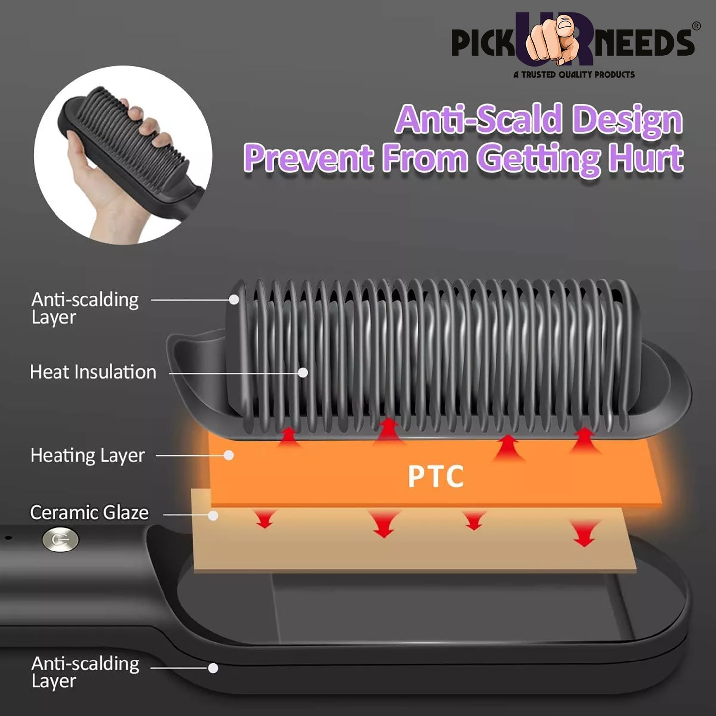 Pick Ur Needs Professional Hair Straightener Brush Straightening Comb With 5 Temp Setting Fast Heating Ceramic Plate