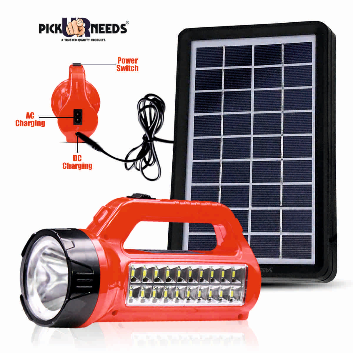 Pick Ur Needs® Bright LED Rechargeable Flashlight 50W + 20 SMD Side Handheld with Eco Friendly Solar Panel (3W+9V)