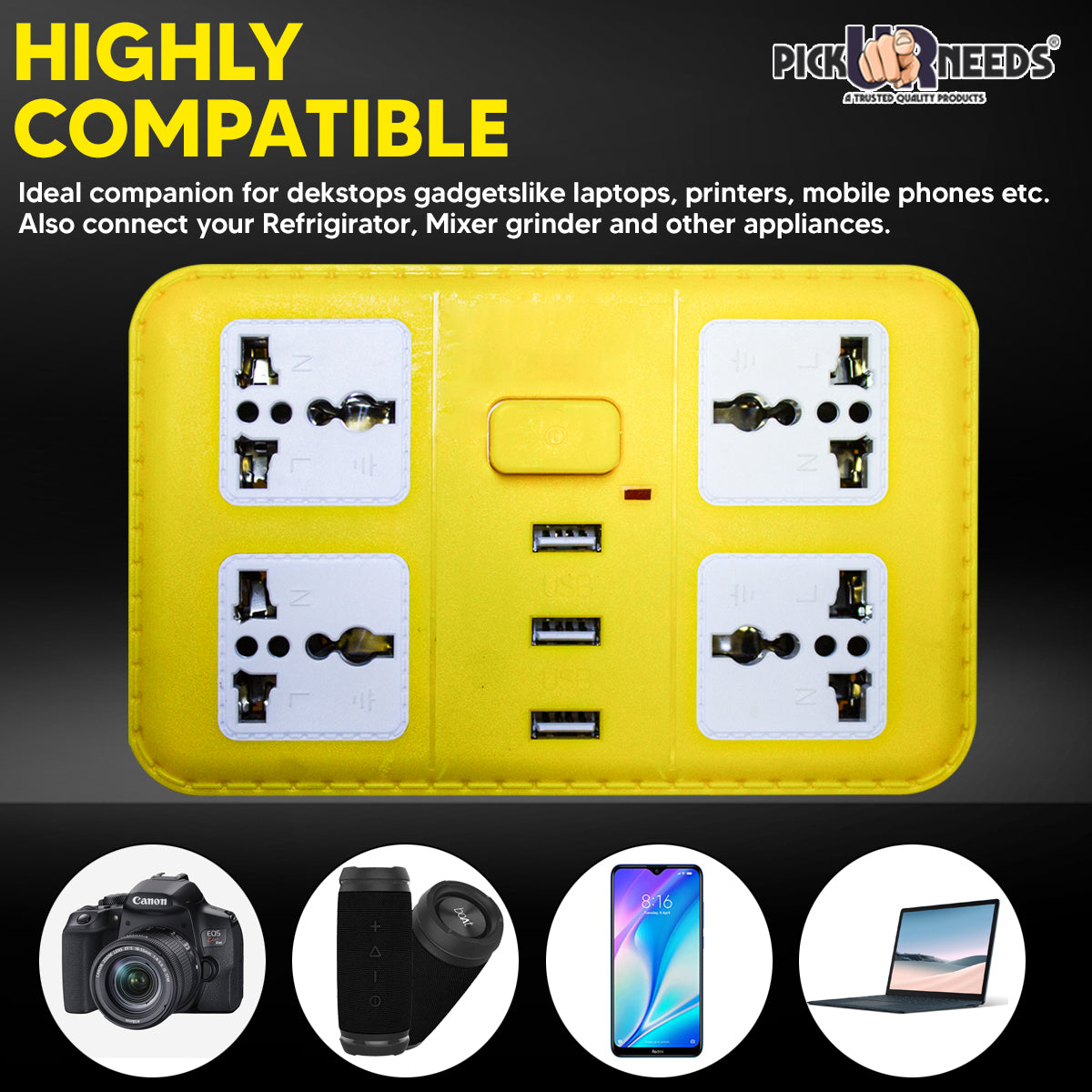 Pick Ur Needs Extension Cord Board with 3 USB Charging Ports and 4 Socket -10 Amp Heavy Duty for Multiple Devices Smartphone Tablet Laptop