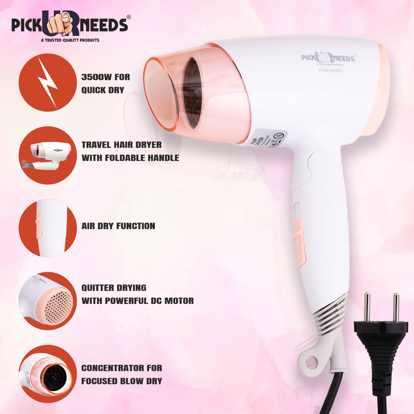 Pick Ur Needs® 3500W Portable Powerful Professional Hair Dryer with Folding Handle