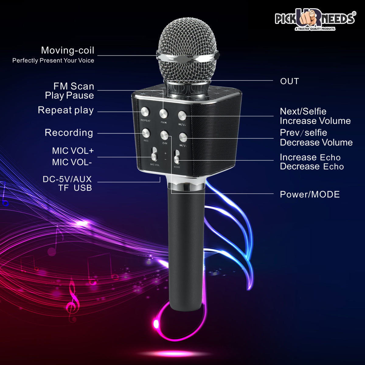 Pick Ur Needs Karaoke Mic with Led Light Wireless Bluetooth Microphone Connection Player Speaker 2-in1 with Recording + USB+FM