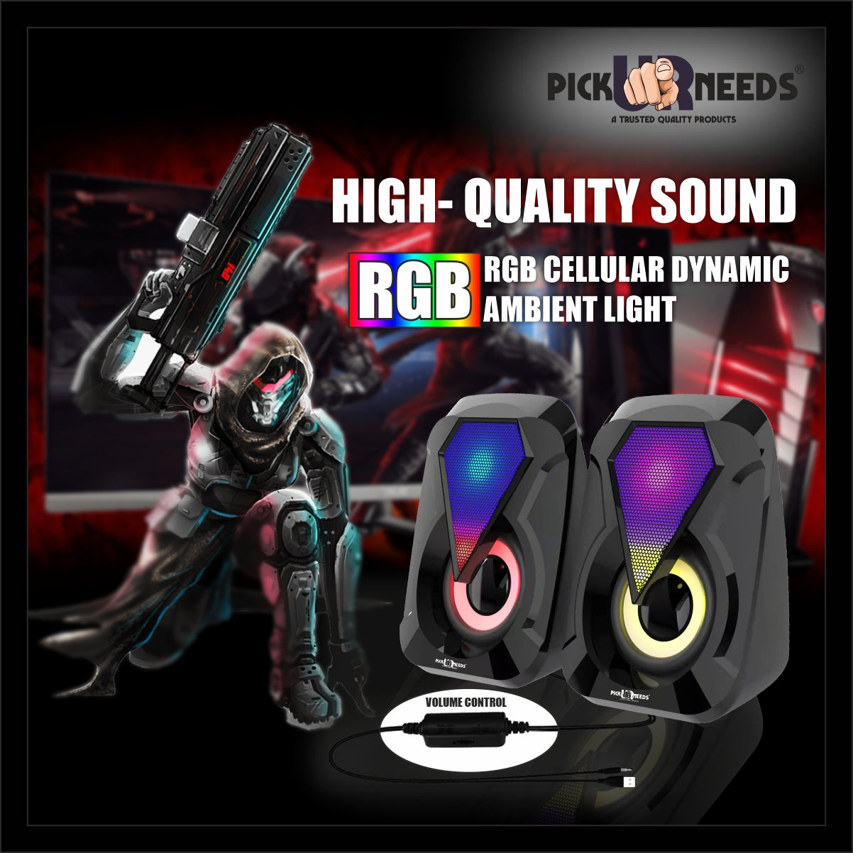 Pick Ur Needs Computer Speaker Multimedia Sound Bass Speakers with Colourful LED Modes System for PC Laptop