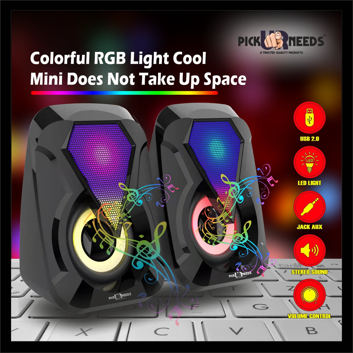 Pick Ur Needs Computer Speaker Multimedia Sound Bass Speakers with Colourful LED Modes System for PC Laptop
