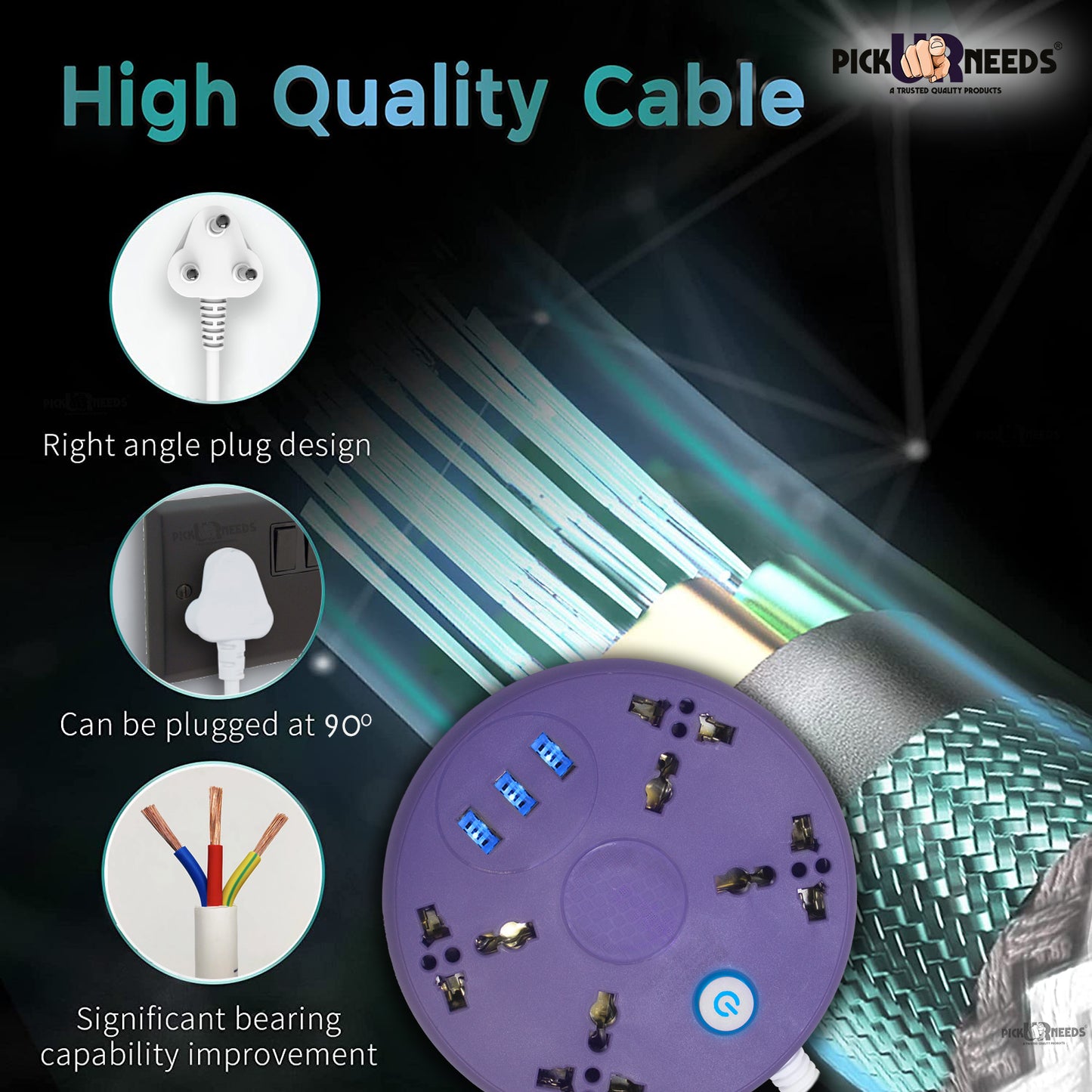 Pick Ur Needs Extension Cord Board with 3 USB Charging Ports and 4 Socket -10 Amp Heavy Duty for Multiple Devices Smartphone Tablet Laptop