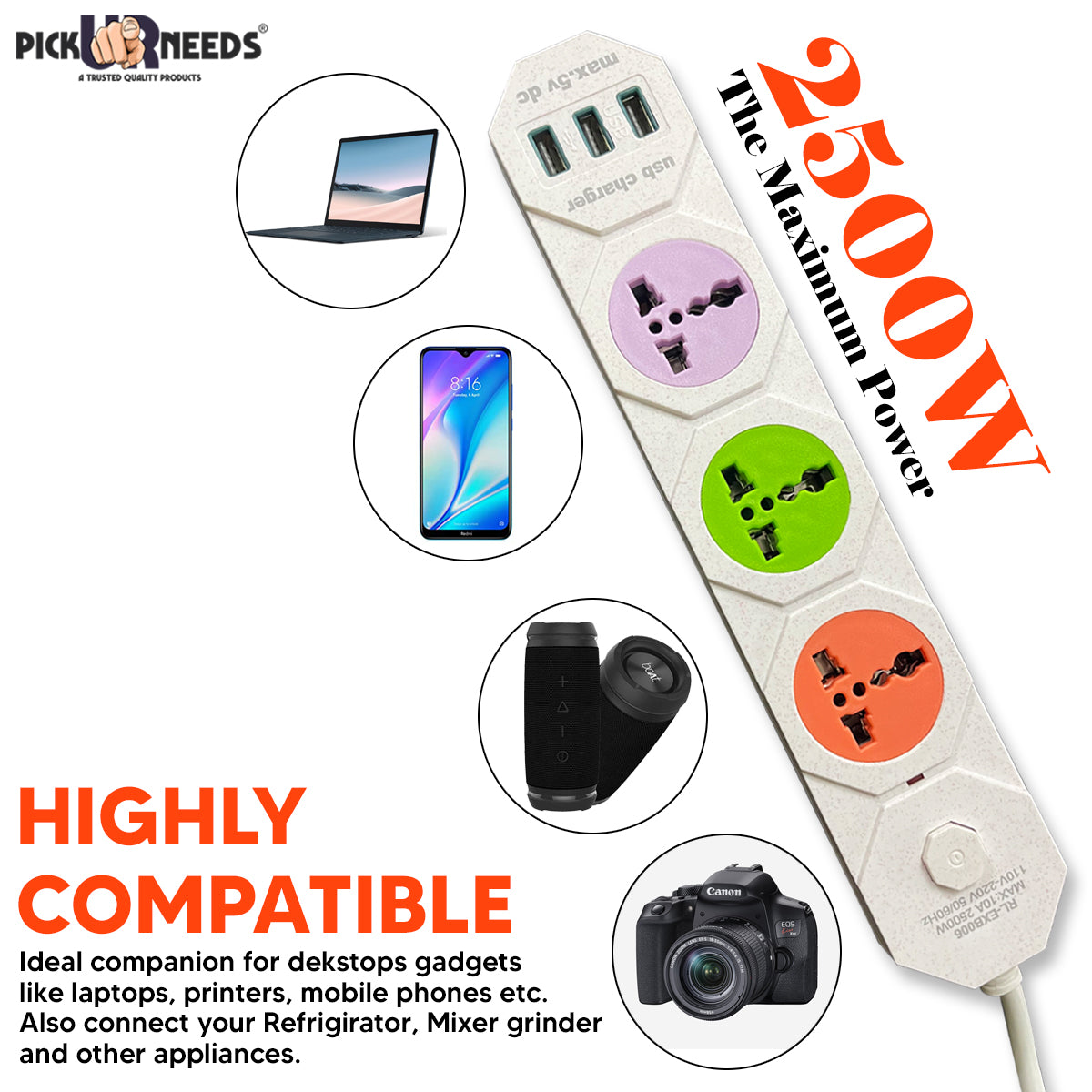 Pick Ur Needs 10A 3 -Way Extension Board Socket with 3 USB Socket 3 Socket Extension Boards