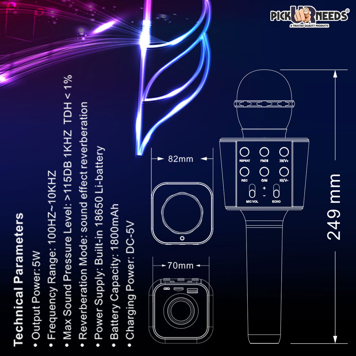 Pick Ur Needs Karaoke Mic with Led Light Wireless Bluetooth Microphone Connection Player Speaker 2-in1 with Recording + USB+FM